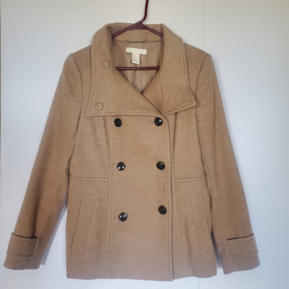 H&M Women's Beige Tan Double Breasted Peacoat Size 4 Fitted Winter Coat